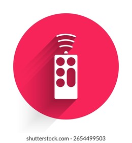 White Remote control icon isolated with long shadow. Red circle button. Vector