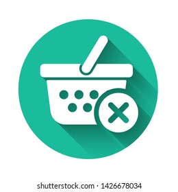 White Remove shopping basket icon isolated with long shadow. Online buying concept. Delivery service sign. Supermarket basket and X mark. Green circle button. Vector Illustration