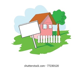 White rent or sale banner near the house/Banner house