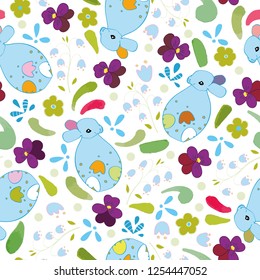 White repeat vector pattern with blue bunny and purple viloas. Seamless easter pattern. Surface pattern design.