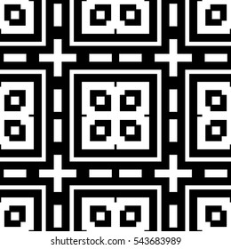White repeated figures on black background. Seamless surface pattern design with symmetrical squares, rectangles and crosses ornament. Polygons wallpaper. Geometrical motif. Digital paper. Vector art