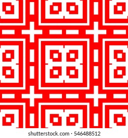 White repeated figures on red background. Seamless surface pattern design with symmetrical squares, rectangles and crosses ornament. Polygons wallpaper. Geometrical motif. Digital paper. Vector art
