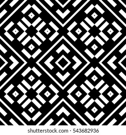White repeated geometric figures on black background. Seamless surface pattern design with symmetrical rhombuses, rectangles and crosses ornament. Polygons wallpaper. Geometrical motif. Digital paper.