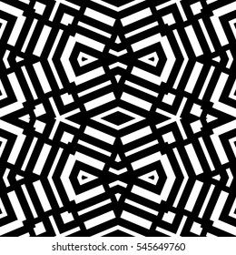 White repeated geometric figures on black background. Seamless surface pattern design with triangles, rectangles and brackets ornament. Polygons wallpaper. Geometrical motif. Digital paper. Vector art