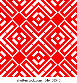 White repeated geometric figures on red background. Seamless surface pattern design with symmetrical rhombuses, rectangles and crosses ornament. Polygons wallpaper. Geometrical motif. Digital paper.
