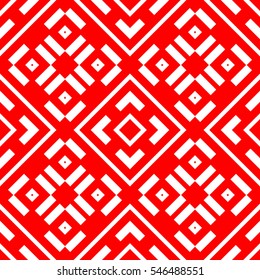 White repeated geometric figures on red background. Seamless surface pattern design with symmetrical rhombuses, rectangles and crosses ornament. Polygons wallpaper. Geometrical motif. Digital paper.