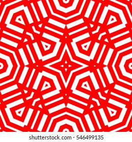 White repeated geometric figures on red background. Seamless surface pattern design with star, rectangles and triangles ornament. Polygons wallpaper. Geometrical motif. Digital paper. Vector art