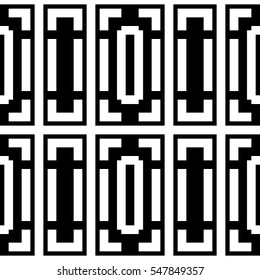 White repeated stylized rectangles on black background. Quadrangles wallpaper. Seamless surface pattern design with symmetrical polygons ornament. Geometric motif. Digital paper for print. Vector art