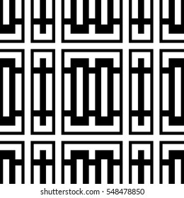 White repeated stylized rectangles on black background. Quadrangles wallpaper. Seamless surface pattern design with symmetrical polygons ornament. Geometric motif. Digital paper for print. Vector art