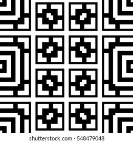 White repeated stylized squares on black background. Quadrangles wallpaper. Seamless surface pattern design with symmetrical polygons ornament. Geometric motif. Digital paper for print. Vector art