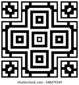 White repeated stylized squares on black background. Quadrangles wallpaper. Seamless surface pattern design with symmetrical polygons ornament. Geometric motif. Digital paper for print. Vector art