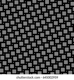 White repeated stylized squares on black background. Checks wallpaper. Seamless surface pattern design with symmetrical blocks ornament. Mosaic motif. Digital paper with quadrangles for print. Vector.