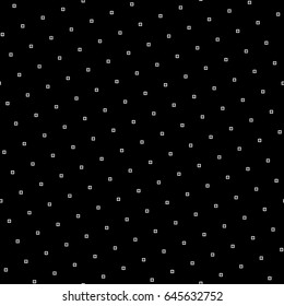White repeated stylized squares on black background. Checks wallpaper. Seamless surface pattern design with symmetrical Mosaic motif block ornament.  Digital paper with quadrangles for print. Vector.