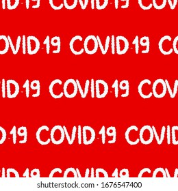 white repeating writing of covid 19 on red background. Repeating pattern for articles about corona virus