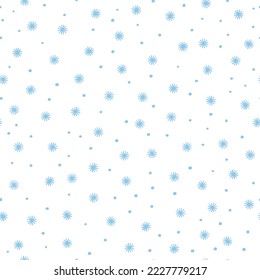 white repetitive background. blue hand drawn dots and snowflakes. vector seamless pattern. winter holiday. christmas design template for greeting card, banner, flyer, invitation. retro stylish texture