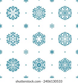 white repetitive winter background. blue snowflakes. vector seamless pattern. fabric swatch. wrapping paper. greeting card continuous design element