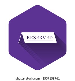 White Reserved icon isolated with long shadow. Purple hexagon button. Vector Illustration