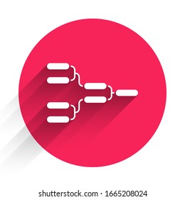 White Results and standing tables scoreboard championship tournament bracket icon isolated with long shadow. Red circle button. Vector Illustration