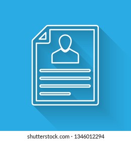 White Resume icon isolated with long shadow. CV application. Searching professional staff. Analyzing personnel resume. Vector Illustration