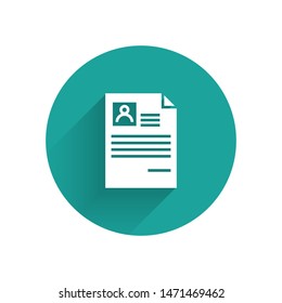 White Resume icon isolated with long shadow. CV application. Searching professional staff. Analyzing personnel resume.  Green circle button. Vector Illustration