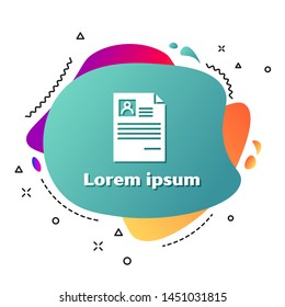 White Resume icon isolated on white background. CV application. Searching professional staff. Analyzing personnel resume.  Abstract banner with liquid shapes. Vector Illustration