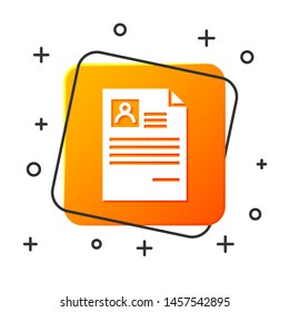 White Resume icon isolated on white background. CV application. Searching professional staff. Analyzing personnel resume.  Orange square button. Vector Illustration