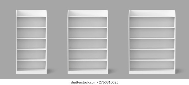 White retail display stands with empty shelves. Vector realistic illustration of 3d furniture for store or supermarket interior design, home or office bookshelf front view, presentation rack mockup