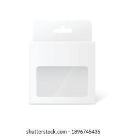 White Retail Pack Box With Hang Tab And Clear Plastic Window From Front View Isolated On White Background. Little Package Container Template - Vector Illustration.