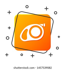 White Retractable cord leash with carabiner icon isolated on white background. Pet dog lead. Pet supplies. Animal accessory for outdoors walk. Orange square button. Vector Illustration