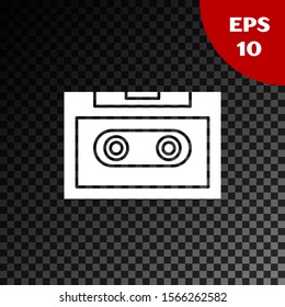 White Retro audio cassette tape icon isolated on transparent dark background.  Vector Illustration