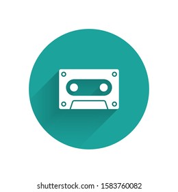 White Retro audio cassette tape icon isolated with long shadow. Green circle button. Vector Illustration