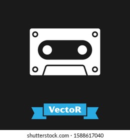 White Retro audio cassette tape icon isolated on black background.  Vector Illustration