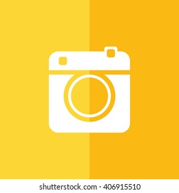 White retro camera vector illustration. Yellow background