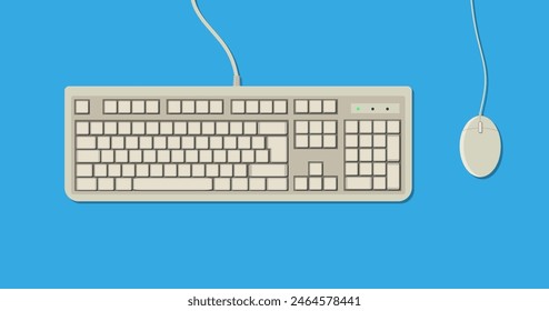 White retro computer keyboard and mouse with shadow. vector illustration in flat design on blue background