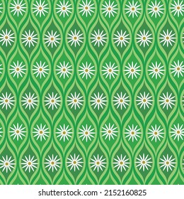 White retro daisy flower on green ogee shapes seamless pattern. for textile, wallpaper and home décor	