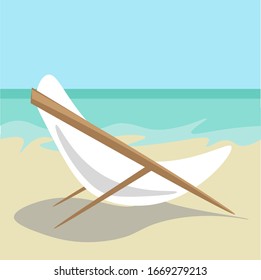 White retro deck chair on the sea beach. beach vacation time.  sit and look at the waves of the azure sea