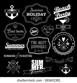 White retro elements for Summer calligraphic designs on black background. Vintage ornaments.  All for Summer holidays. Labels, icons elements collection. Vector set.