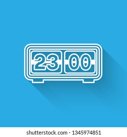 White Retro flip clock icon isolated with long shadow. Wall flap clock, number counter template, all digits with flips. Vector Illustration