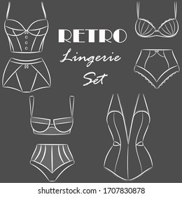 White Retro Lingerie Set. Collection Of Sexy Vintage Like Women Underwear Pieces. Different Types Of Bras, Panties, Teddy For Undergarment Shops Or Boutiques Advertisement. Vector Illustration. 