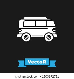 White Retro minivan icon isolated on black background. Old retro classic traveling van.  Vector Illustration