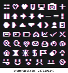 White retro pixel icons on dark background with glitch effect. Retro icons set in pixel art. Design elements for collage. Y2k. Vector illustration. 