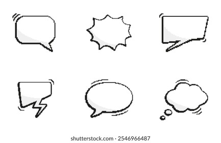 Weiße, verpixelte Chat-Blasen in verschiedenen Formen. Pixel Art Speech Bubbles Icons Set. Isolierte Vektorgrafik.