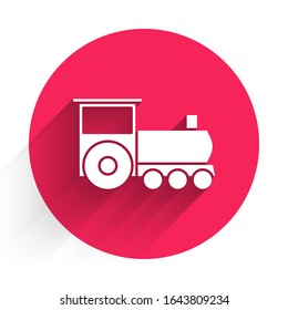 Icono del tren Retro Blanco aislado con una gran sombra. Símbolo de transporte público. Botón de círculo rojo.  Ilustración vectorial
