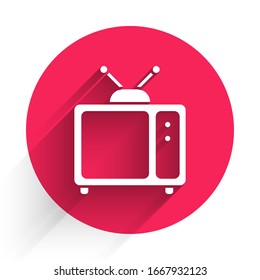 White Retro tv icon isolated with long shadow. Television sign. Red circle button. Vector Illustration