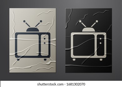 Icône de télévision Retro blanc isolée sur fond papier grunge. Signe de télévision. Style papier. Illustration vectorielle