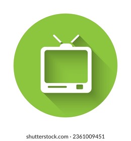 White Retro tv icon isolated with long shadow. Television sign. Green circle button. Vector Illustration