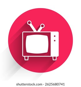 White Retro tv icon isolated with long shadow. Television sign. Red circle button. Vector