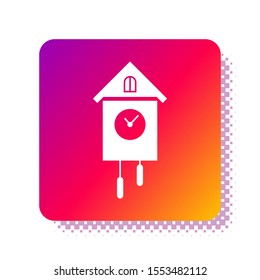 White Retro wall watch icon isolated on white background. Cuckoo clock sign. Antique pendulum clock. Square color button. Vector Illustration