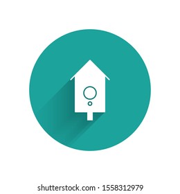 White Retro wall watch icon isolated with long shadow. Cuckoo clock sign. Antique pendulum clock. Green circle button. Vector Illustration