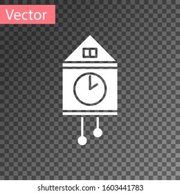 White Retro wall watch icon isolated on transparent background. Cuckoo clock sign. Antique pendulum clock.  Vector Illustration